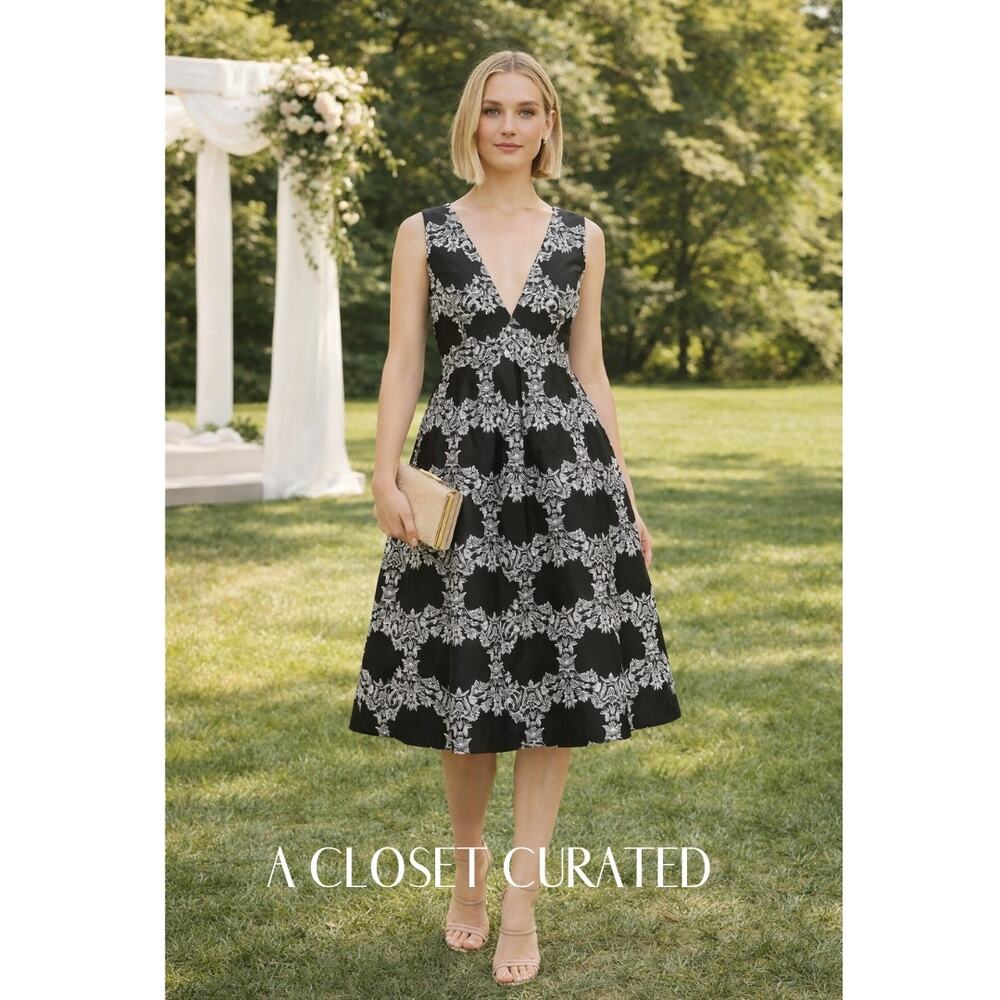 Monique Lhuillier Jacquard Fit & Flare Cocktail Dress Black Pink NEW 0